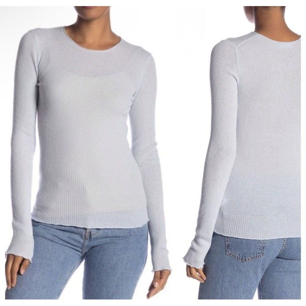 Vince 100% Cashmere Ribbed Sweater XS Light Blue Scoop Neck Lettuce Trim